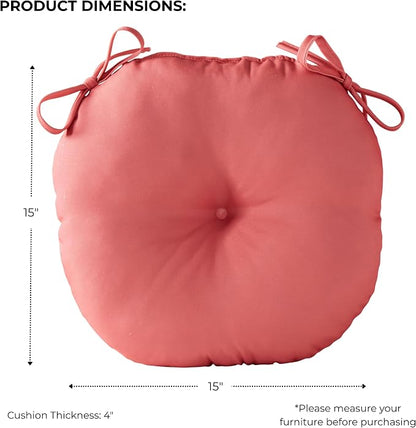 15 x 15 Round Bistro Chair Cushion, Reversible Patio Seat Cushion with Attached Ties, Polyester Fabric, Recycled Polyfiber Fill, Set of 2 - Coral