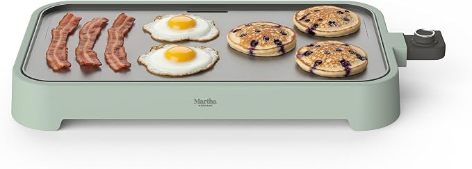 Martha Stewart 12"x 22" XL Electric Griddle, Ceramic Nonstick Flat Top | PFAS-Free Nonstick Grill, XL Cooking Surface for Pancakes & Eggs, Adjustable Temp Dial, Drip Tray, 1500W Heating, Honeydew
