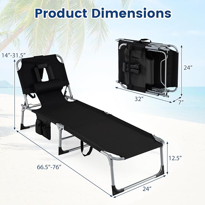 COSTWAY Tanning Chair with Face Hole, Folding Beach Lounge Chair with 4-Position Adjustable Backrest, Pillow & Side Pocket, Foldable Chaise Lounge Chair Outdoor for Sunbathing, Camping (2, Black)