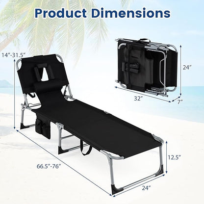 COSTWAY Tanning Chair with Face Hole, Folding Beach Lounge Chair with 4-Position Adjustable Backrest, Pillow & Side Pocket, Foldable Chaise Lounge Chair Outdoor for Sunbathing, Camping (2, Black)