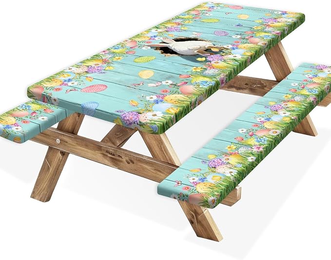 Easter Picnic Table Cover with Bench Covers, Cute Bunny Flower Blue Wooden Board Camping Tablecloth, Waterproof Windproof, Fitted Tablecloth Cover with Elastic Edge, for Outdoor, 3 PCS, 30x60 Inch