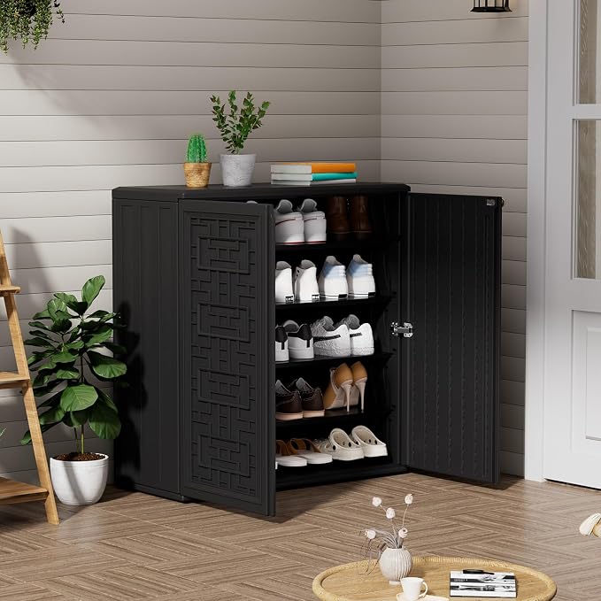 ZZM HDPE Outdoor Storage Shed, Outdoor Plastic Storage Cabinet, Horizontal Resin Tool Shed for Garden, All Weather Outdoor Storage Clearance, DIY Usage, with one Shelf (Black)