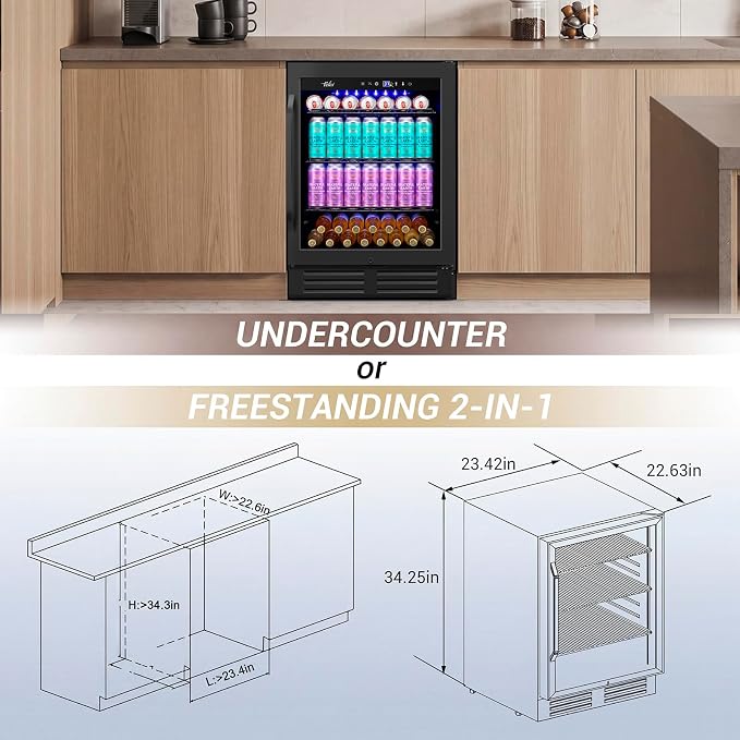 Velivi 24" Black Beverage Refrigerator Cooler: 24Inch Built-In Under Counter Fridge for Soda, Beer, Drink | 168Cans Large Capacity - Perfect for Kitchen, Bar, or Office