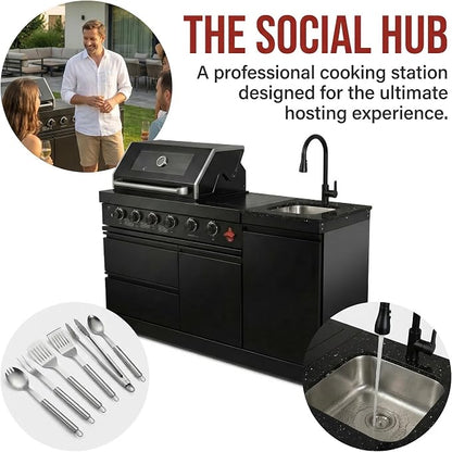 65.4 Inch Outdoor Kitchen Island, 4-Burner 72000 BTU Propane Stainless Steel BBQ with Side/Rear Burners, Outdoor Kitchen Bar Barbecue Island Grill,Marble Countertops,For Backyard BBQ