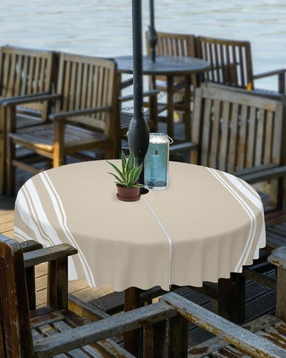 QueenKer Outdoor Tablecloth with Umbrella Hole, Khaki and White Stripe Round Tables Waterproof Tabletop Collection for Patio, Garden, Picnic, Camping, Dining 60R