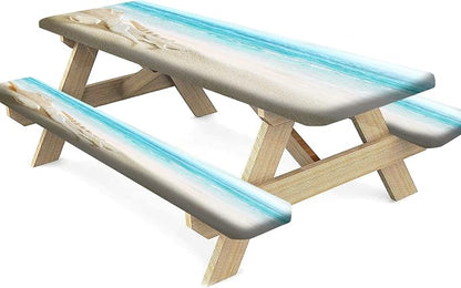 Sea Starfish Shell Picnic Table and Bench Fitted Tablecloth Cover, Ocean Summer Starfish Shell Outdoor Table Cover, 72X28 Inch, 3 Pieces Set, Rectangle Fitted Tablecloth for Camping Patio Park Use