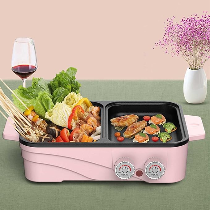 Hot Pot Electric with Grill, 2-in-1 Nonstick Korean BBQ Grill Indoor Smokeless Hotpot Pot Electric Cooker Sahabu Shabu Pot, Independent Dual Temperature Control