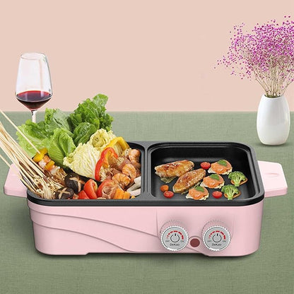 Hot Pot Electric with Grill, 2-in-1 Nonstick Korean BBQ Grill Indoor Smokeless Hotpot Pot Electric Cooker Sahabu Shabu Pot, Independent Dual Temperature Control