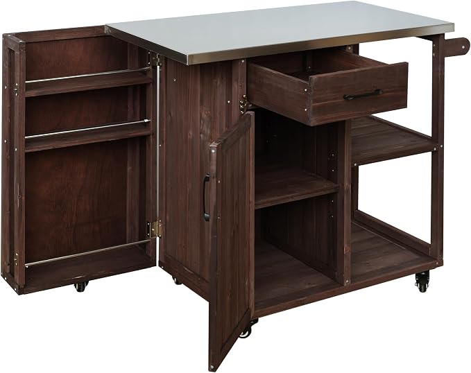 JIVOIT Outdoor Kitchen Island with Stainless Steel Worktop, Fir Wood Prep Station Lockable Kitchen Cart with Ample Storage Space, Towel and Spice Racks for Patio and Outdoor (Dark Brown/122)
