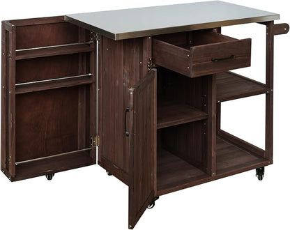 JIVOIT Outdoor Kitchen Island with Stainless Steel Worktop, Fir Wood Prep Station Lockable Kitchen Cart with Ample Storage Space, Towel and Spice Racks for Patio and Outdoor (Dark Brown/122)