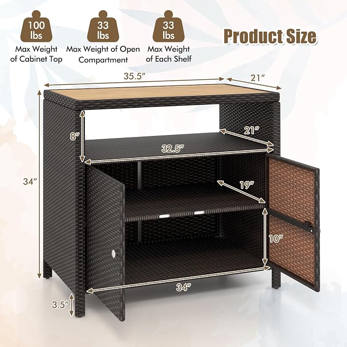 Wicker Outdoor Storage Cabinet, Rattan Patio Bar Table with Acacia Wood Countertop, Open Compartment & 2 Doors, Outdoor Buffet Cabinet Sideboard for Poolside, Garden, Backyard (Mix Brown)