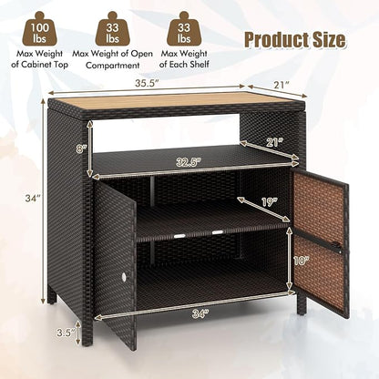 Wicker Outdoor Storage Cabinet, Rattan Patio Bar Table with Acacia Wood Countertop, Open Compartment & 2 Doors, Outdoor Buffet Cabinet Sideboard for Poolside, Garden, Backyard (Mix Brown)