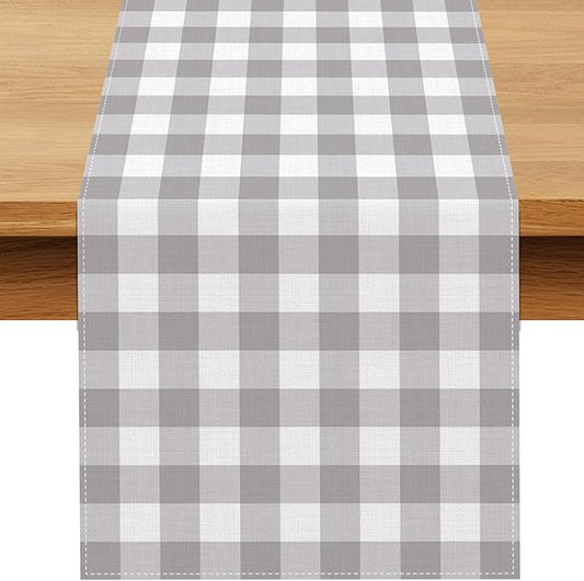 Grey and White Checkered Table Runner Gingham Birthday Wedding Baby Shower Party Decoration BBQ Picnic Dining Room Home Kitchen Table Decor (Grey, 13" x 72")