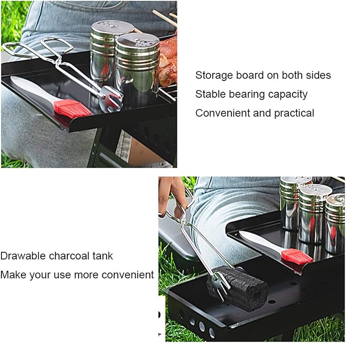 Grill for Outdoor Black Portable Barbecue Smoker Grill BBQ for Outdoor Cooking Camping Hiking Party Cold Rolled Iron Charcoal Grill Set，34.3"×7.9"×14.4" Barbecue Grill
