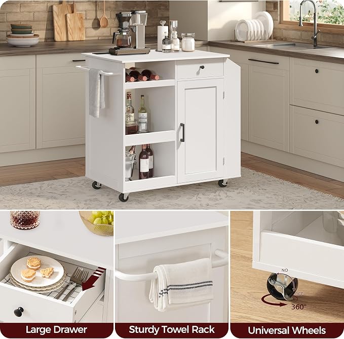 MAHANCRIS Kitchen Island with Power Outlet, Kitchen Storage Island with Drawer, Rolling Kitchen Cart on Wheels, Spice Rack, Towel Rack, Wine Rack, for Dining Room, White KIWT122E01