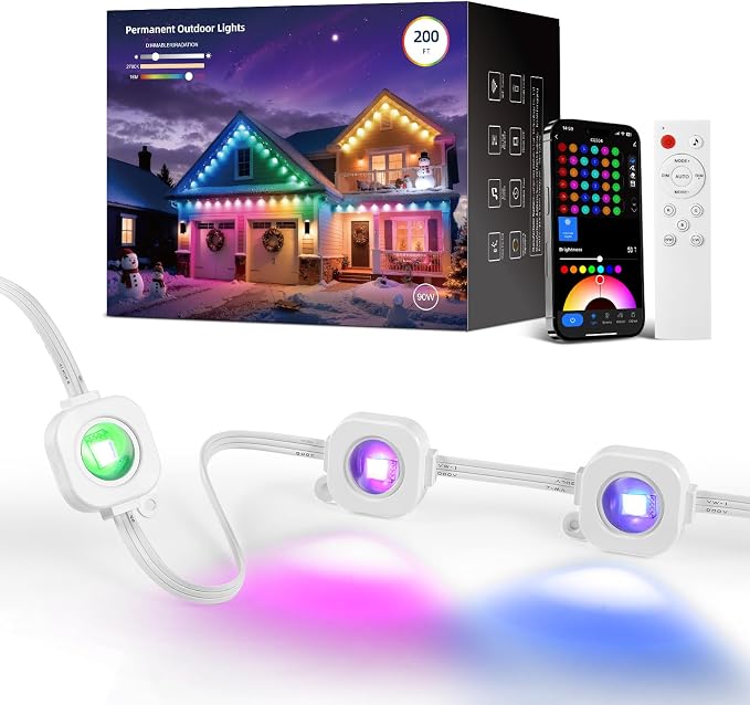 CDN Eaves Permanent Outdoor Lights, 200FT RGB+IC Outdoor Decor Light with 111+ Scene Modes, 90 LED Lights, Smart APP & Remote Control, Waterproof Permanent Light for Daily Holiday Decorations