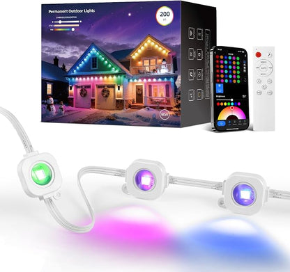 CDN Eaves Permanent Outdoor Lights, 200FT RGB+IC Outdoor Decor Light with 111+ Scene Modes, 90 LED Lights, Smart APP & Remote Control, Waterproof Permanent Light for Daily Holiday Decorations
