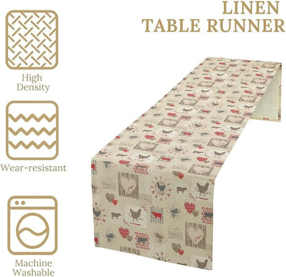 Rustic Farm Animal Table Runner,Vintage Rustic Farm Cow Chickens Country Farmhouse Decorations Runner for Home Kitchen Dining Party Decor,13X108in