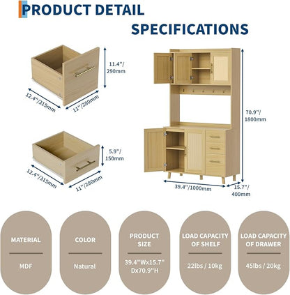 71" Tall Kitchen Pantry Cabinet with Storage, Freestanding Hutch Sideboard Buffet Cabinet with Rattan Door, 3 Drawers, 6 Hooks, Adjustable Shelves, Microwave Stand Countertop for Living Room