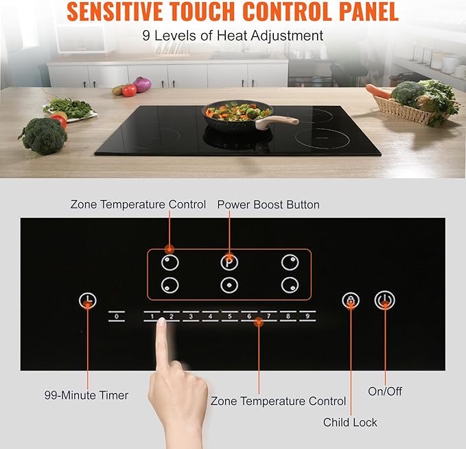 VEVOR Built-in Induction Electric Stove Top 30 Inch,5 Burners Electric Cooktop,9 Power Levels & Sensor Touch Control,Easy to Clean Ceramic Glass Surface,Child Safety Lock,240V