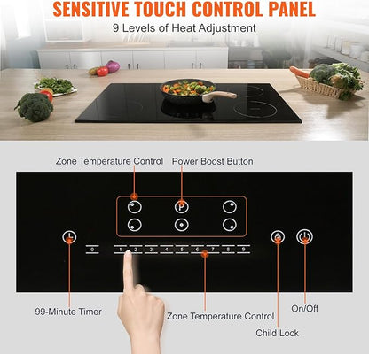 VEVOR Built-in Induction Electric Stove Top 30 Inch,5 Burners Electric Cooktop,9 Power Levels & Sensor Touch Control,Easy to Clean Ceramic Glass Surface,Child Safety Lock,240V