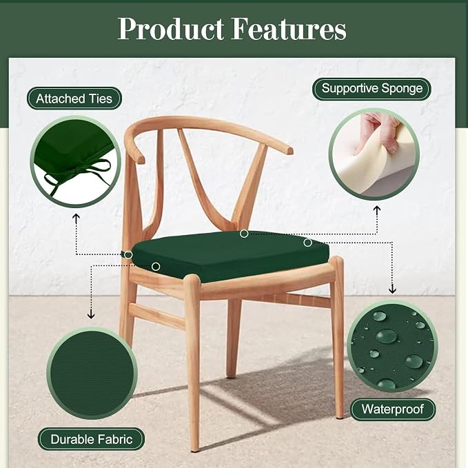Cozyide Outdoor Chair Cushions, Waterproof Patio Seat Cushions with Adjustable Straps, Round Corner Patio Chair Cushions for Garden, Dark Green, 17x16x2 Inch (Pack of 4)
