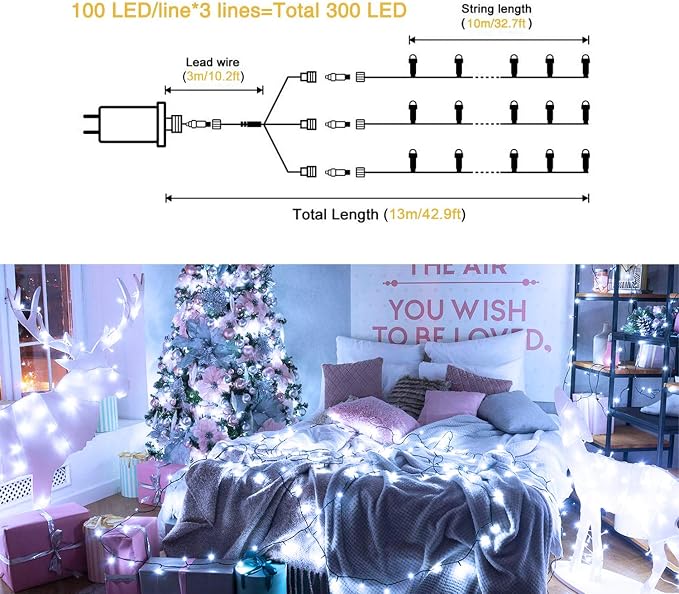 JMEXSUSS 300 LED White Christmas Tree Lights Plug in | 8 Modes, Outdoor Indoor Use, Waterproof, Green Wire Christmas String Lights for Tree Yard Patio Garden Christmas Decorations