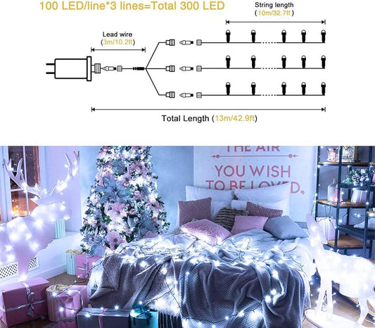 JMEXSUSS 300 LED White Christmas Tree Lights Plug in | 8 Modes, Outdoor Indoor Use, Waterproof, Green Wire Christmas String Lights for Tree Yard Patio Garden Christmas Decorations