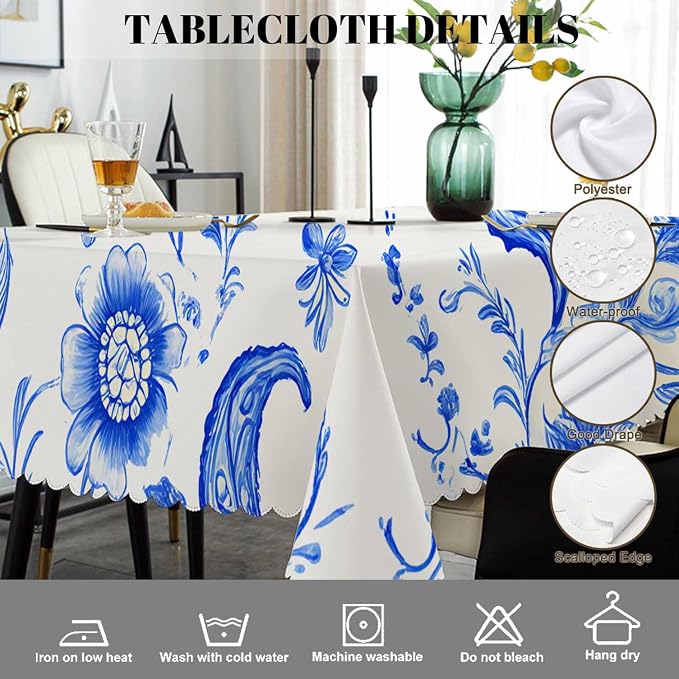 Swono Paisley Floral Blue Tablecloth Ethnic Batik Mandala Blue Decorative Table Cover Dining Tablecltoh for Kitchen, Party Banquet and Holiday Tablecloth, 52x70 Inch(4-6 Seats)