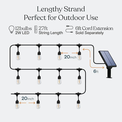 Brightech Ambience Pro 27 Ft Solar Powered Outdoor String Lights - Commercial Grade Waterproof Patio Lights with Edison Globes, Shatterproof LED String Lights for Patio - 2W, Warm White, 12 Bulbs