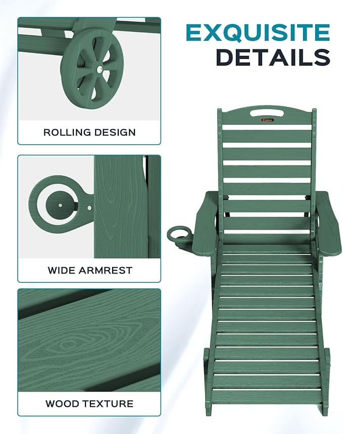 Ciokea Outdoor Chaise Lounge Chair Set of 2, Patio Lounge Chairs for Outside, HDPE Lounge Chair with Wheels & Cup Holder, Poly Chair with 5 Position for Poolside, Deck, Green