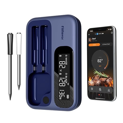 WiFi Wireless Meat Thermometer with Bluetooth, Fitflavor Bluetooth Meat Thermometer for Grill BBQ, Wireless Meat Probe for Food Cook Oven Grilling - Dual Probes, Rechargeable