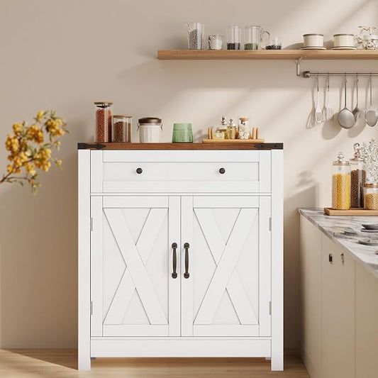 GRUSIGN 30" Coffee Bar Station, Kitchen Sideboard Buffet Cabinet with a Drawer and Adjustable Shelf, Modern Farmhouse Storage Cabinet for Kitchen, Living Room, Entryway, White