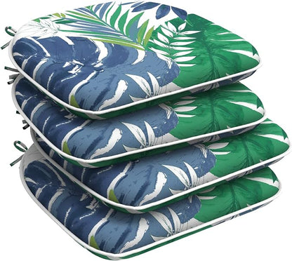 DYTXIII Set of 4 Outdoor Chair Cushions with Ties,Water Repellent Patio Chair Pads 17"x 16" for Outdoor Furniture,Round Corner Seat Cushions for Garden Yard Kitchen Islamorada Blue Green
