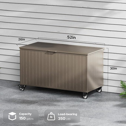 Outdoor Storage Box with Wheels 150 Gallon, Mobile Aluminum Deck Boxes Outdoor Waterproof, UV Resistant Patio Storage Box with Lid for Patio Furniture, Garden Tools, Outdoor Cushion (Brown)