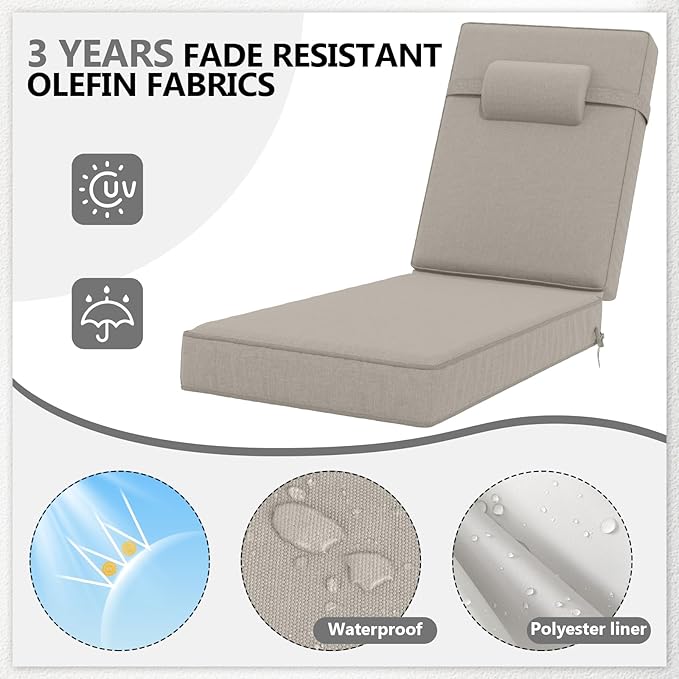 72 x 21 x 4 Inch Olefin Chaise Lounge Cushions, Lounge Chair Cushions with Headrest for Outdoor Furniture - Weather and Fade Resistant Patio Replacement Furniture Lounge Chair Cushion Set of 2
