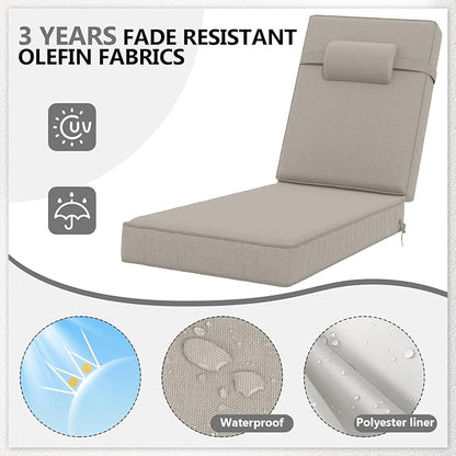 72 x 21 x 4 Inch Olefin Chaise Lounge Cushions, Lounge Chair Cushions with Headrest for Outdoor Furniture - Weather and Fade Resistant Patio Replacement Furniture Lounge Chair Cushion Set of 4