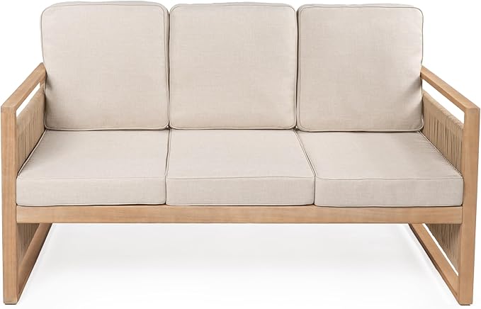 JONATHAN Y Gable Acacia Wood and Woven Rope 63" Outdoor Sofa, 3-Seater Patio Bench with Weather-Resistant Beige Cushions for Backyard and Porch, Bohemian Style, Light Teak Finish SFB1002A