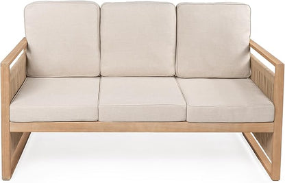 JONATHAN Y Gable Acacia Wood and Woven Rope 63" Outdoor Sofa, 3-Seater Patio Bench with Weather-Resistant Beige Cushions for Backyard and Porch, Bohemian Style, Light Teak Finish SFB1002A