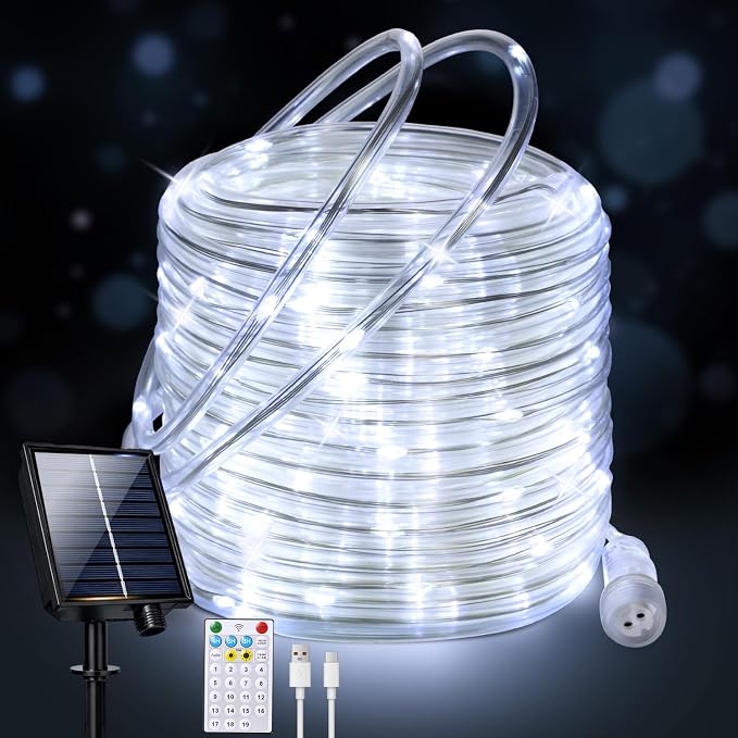 Connectable Solar Rope Lights Outdoor, 66FT 200 LEDs Solar String Lights, IP65 Waterproof 19 Modes Remote Tube Light for Outdoor Indoor Patio Backyards Garden Porch Pool Tree Decor, Cool White
