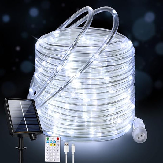 Connectable Solar Rope Lights Outdoor, 66FT 200 LEDs Solar String Lights, IP65 Waterproof 19 Modes Remote Tube Light for Outdoor Indoor Patio Backyards Garden Porch Pool Tree Decor, Cool White