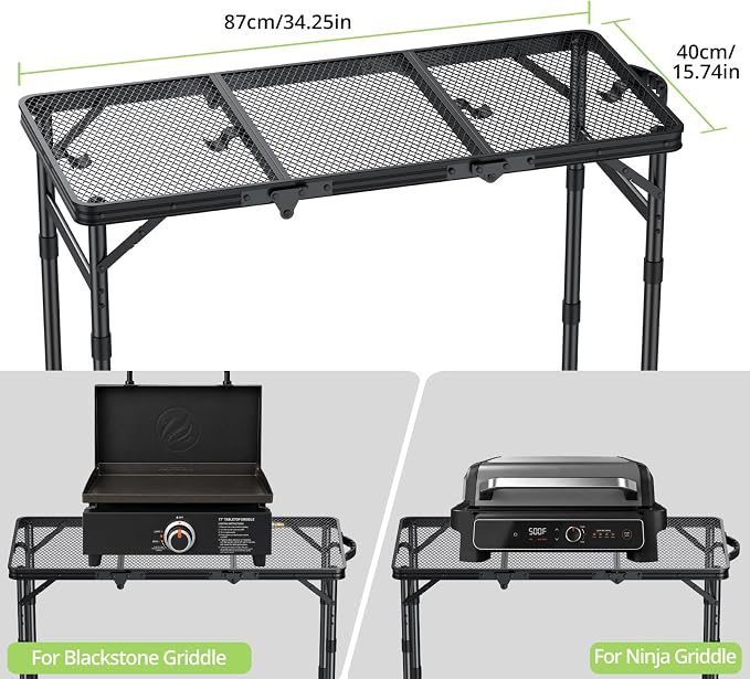 3ft Folding Grill Table, Heat-Resistant Tabletop 3 Heights 27.5" | Aluminum Camping Table, Waterproof & Easy to Clean, Lightweight, Portable Handle for Cooking BBQ Patio, 35" x 16", Black