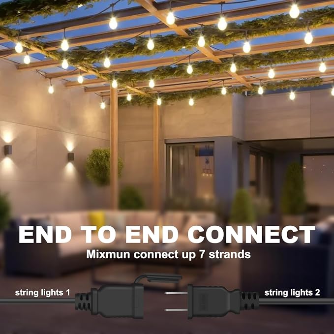 50FT Outdoor String Lights 32Bulbs (1.5FT Bulbs Spacing),120W Dimmer Remote | Patio Lights with IP65 Waterproof, Dimmable & Timing & 3 Mode, Connectable, Zipper Ties for Outside Commercial Backyard