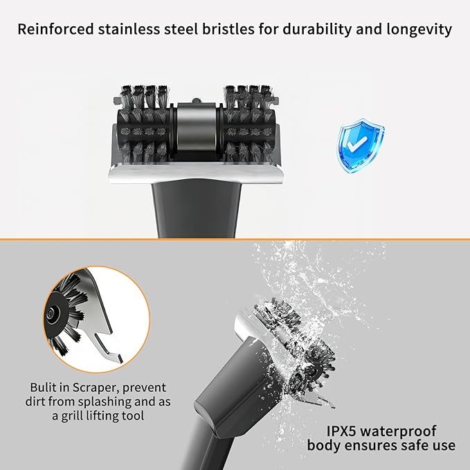 Cordless Electric Grill Brush for Outdoor - Waterproof BBQ Grill Cleaner with Lights Water Spray - Grill Cleaning Brush for Burnt-On Grease&BBQ Grates, 90 Mins Runtime, 2 Stainless Heads Refill