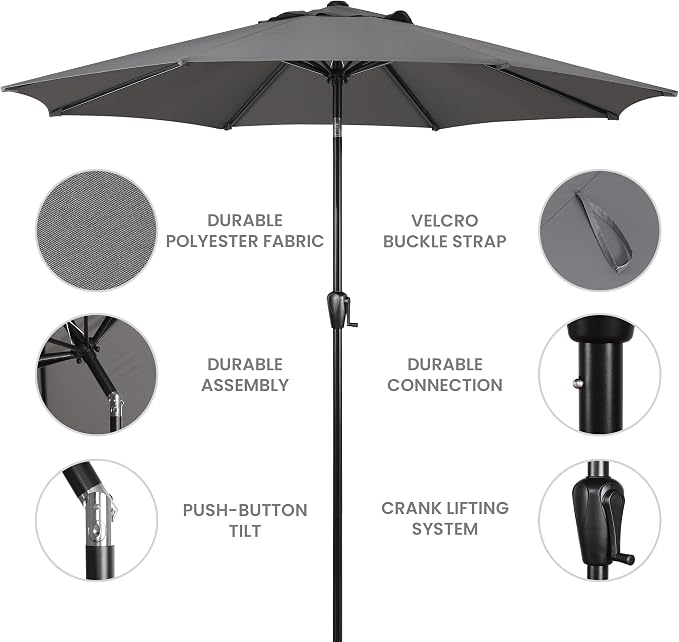 Sun-Ray 9' Round Patio Umbrella with Push-Button Tilt and Hand Crank Lift System, Market Umbrella for Porch, Deck, and Patio