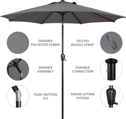 Sun-Ray 9' Round Patio Umbrella with Push-Button Tilt and Hand Crank Lift System, Market Umbrella for Porch, Deck, and Patio