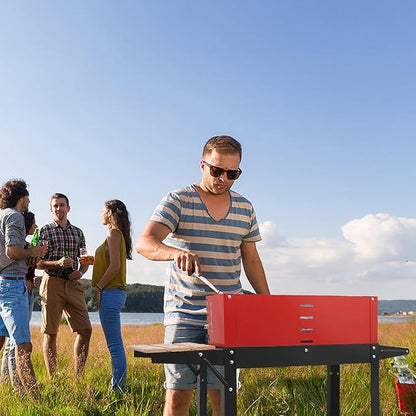 Charcoal Grill, Outdoor BBQ Portable Grill with Side Table and Wheel, Folding Grill for Outdoor Cooking Camping Garden (Red)