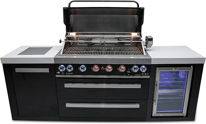 Mont Alpi Black Series Stainless Steel 94"W x 23"D Modular Outdoor Kitchen Island + Side Burner + Refrigerator + 44"W 6-Burner BBQ Gas Grill + White Granite Countertops + Storage Cabinets & Drawers