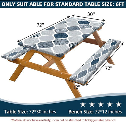 JAWO Blue and Grey Picnic Table Cover with Bench Covers, Modern Camping RV Essentials Gear Supplies Outdoor Waterproof Windproof Tablecloth with Elastic, 96in