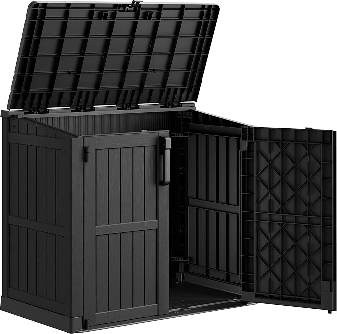 36 Cu Ft Horizontal Resin Storage Shed, Weatherproof Outdoor Storage Cabinet with Dual Lock Door, Fits Small Trash Cans, Generators, & Garden Tools, Matte Black